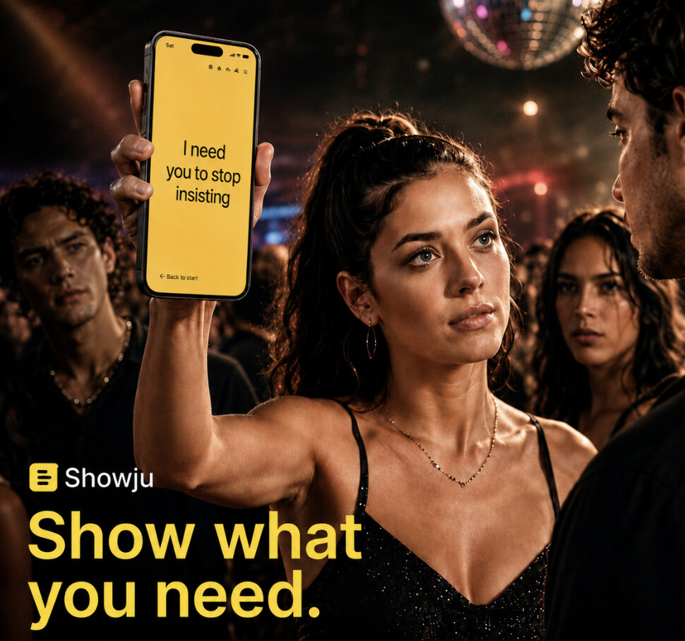 A Showju campaign image: in a crowded club, a woman holds up a phone reading 'I need you to stop insisting.' The headline reads 'Show what you need.'